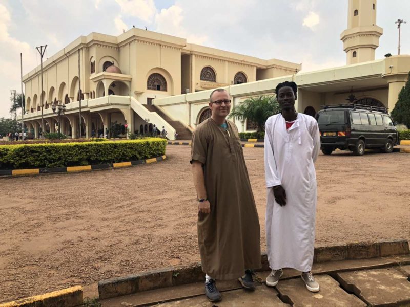 In front of the Gaddafi Mosque in Kampala